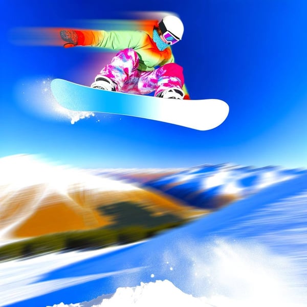 Illustrate a dynamic image of a snowboarder, perhaps of Hispanic descent, perfectly executing an aerial trick on a snowy mountainside. The snowboarder should be decked out in a brightly colored outfit, complemented by a white and blue snowboard. Make the landscape a bit blurry to represent the speed of the snowboarder, with a beautiful snowy mountain in the background under a clear blue sky.
