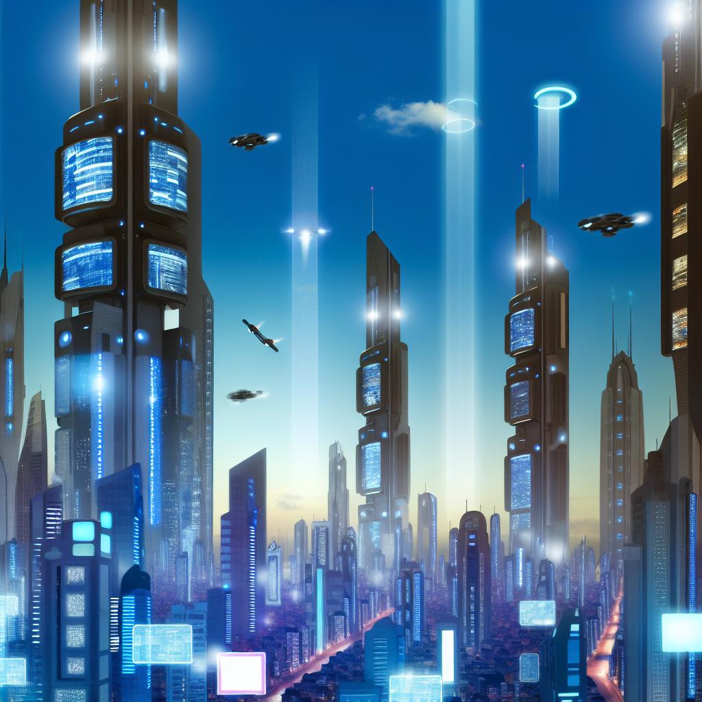 A futuristic cityscape with sleek skyscrapers, glowing lights, and advanced technology integrated into every aspect of the environment.