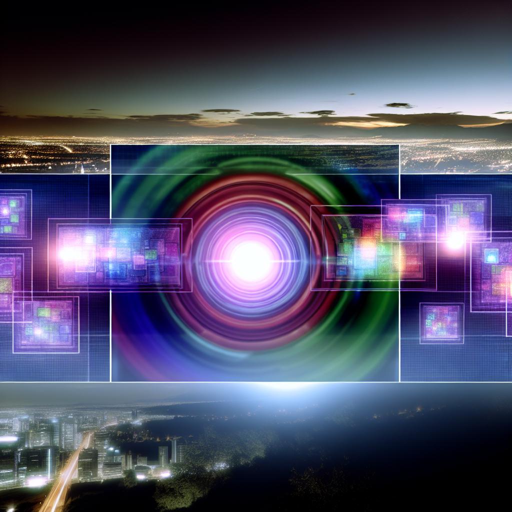 A futuristic digital landscape with various social media platforms and marketing strategies being displayed on holographic screens, showcasing advanced technology and innovation.