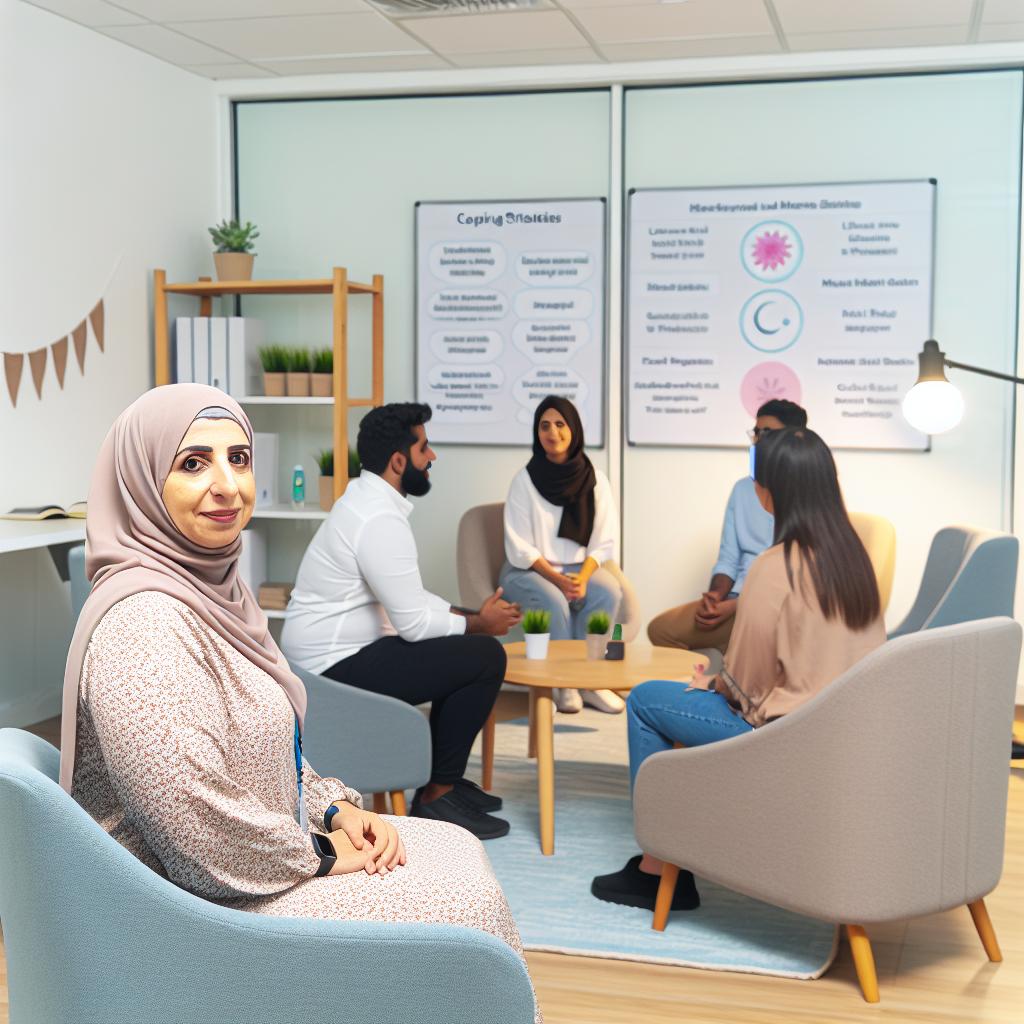 An office setting with employees engaging in group therapy sessions led by a mental health professional. The room is filled with comfortable chairs and calming decor. A whiteboard in the background displays a list of coping strategies and resources.