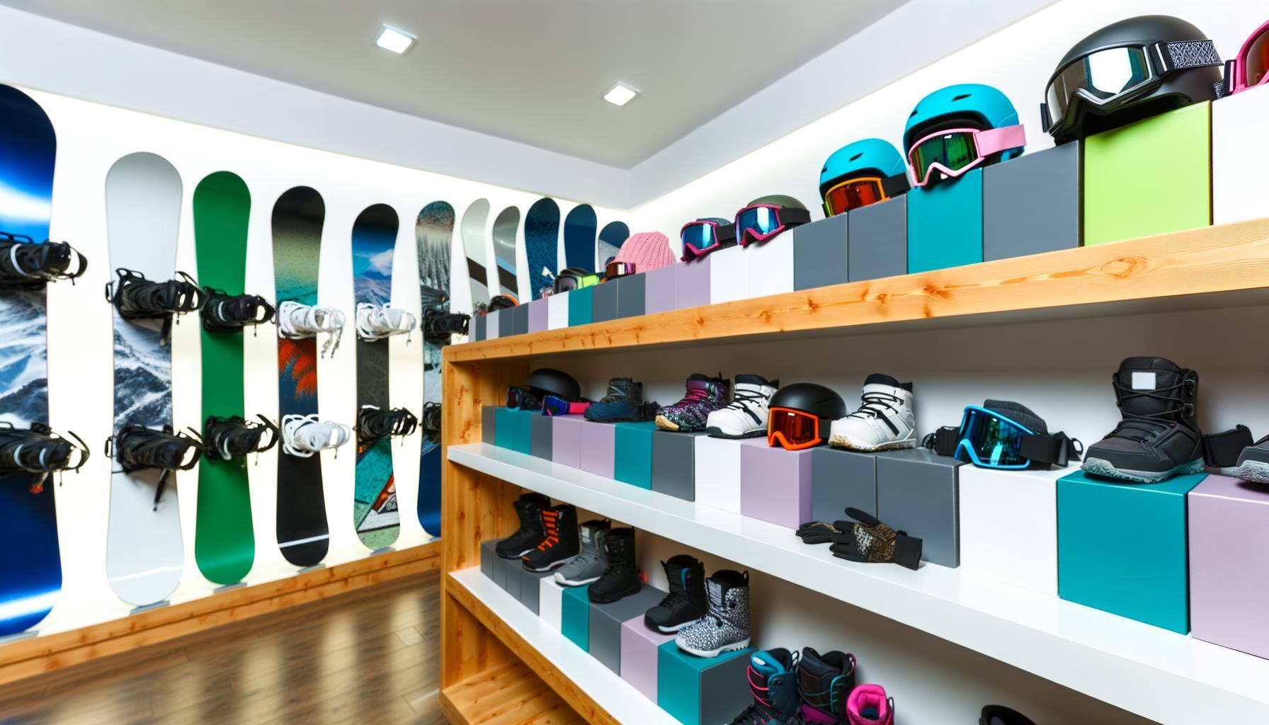 A well-organized snowboard gear showcased in a store. There are snowboards of different sizes and designs, helmets, goggles, and gloves neatly aligned on shelves. The store has a bright interior with ample lighting showcasing the vibrant colors of the gear. The environment exudes a feeling of preparedness for the winter season.