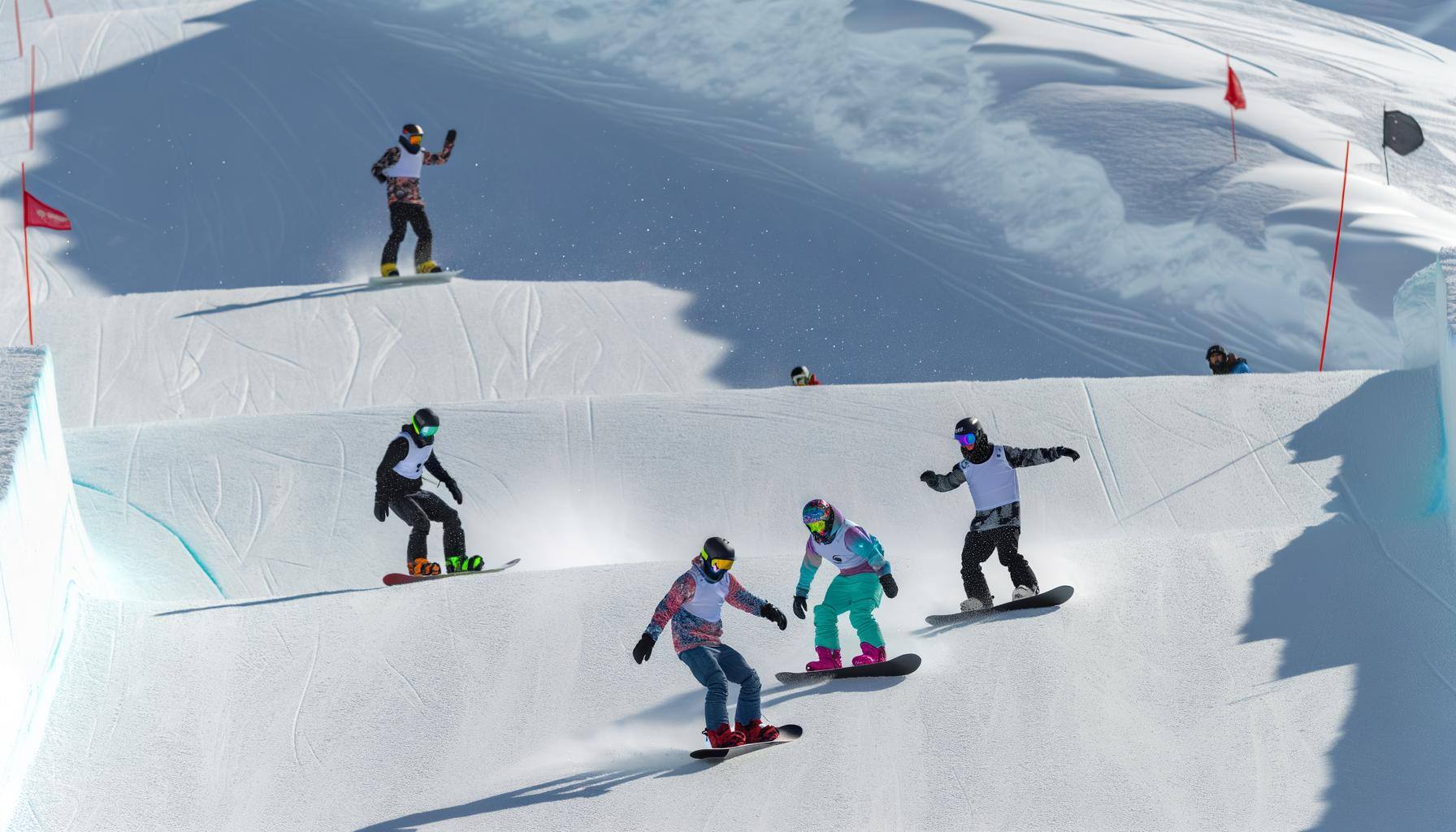 A mixed descent group of snowboarders, two male, two female, with diverse snowboarding gear engaged in a thrilling competition. They are coming down a beautifully groomed mountainside covered in pristine snow. The sky above them is clear, highlighting the sparkling snow against the white clouds. The energy and zeal of the participants are evident. Some are performing stunts, while others are racing ahead, showing intense determination and focus. On the side-lines, a few spectators add to the vibrant and competitive environment.