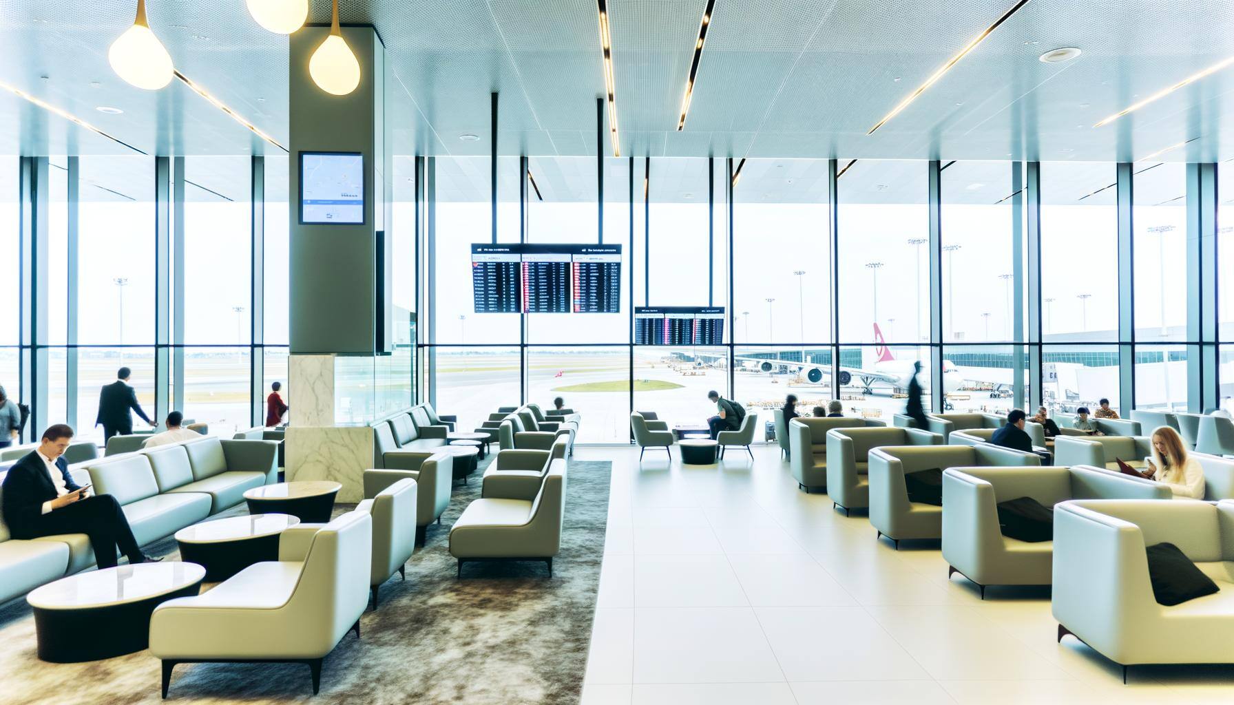 Modern space of an airport lounge with comfortable seating arrangements and large glass windows overlooking the runway. The area should have bright lighting fixtures, high-tech electronic displays showing flight information, a sophisticated, minimalist bar area, and patrons of diverse descents and genders distributed around the lounge.