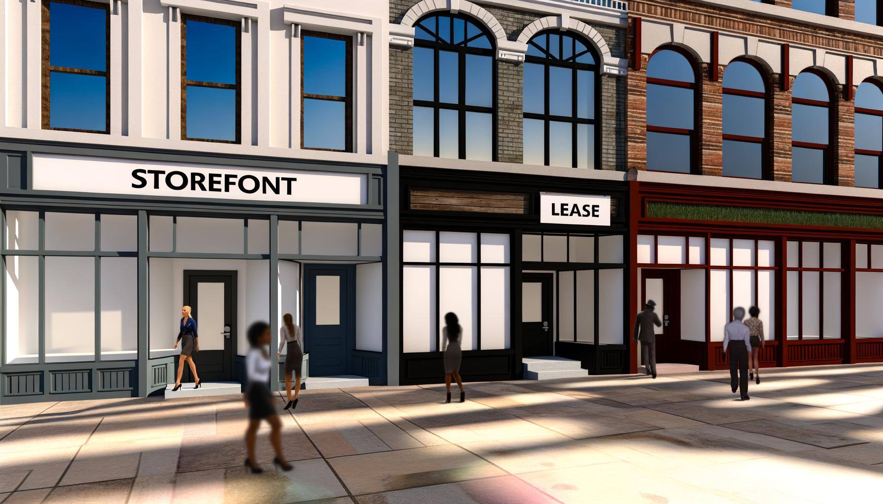 A still image showcasing a variety of storefronts available for lease. These storefronts are beautifully designed with large glass windows. Some are two-story structures while others are quaint single-story buildings. Each has a unique design, with some appearing modern and minimalistic, while others exude a rustic charm with brick and wooden elements. The scene is set on a bustling city street, with people of various descents and genders casually strolling by and examining the vacant establishments. Sunlight dapples the pavement, casting playful shadows and illuminating the enticing possibilities these empty spaces hold.