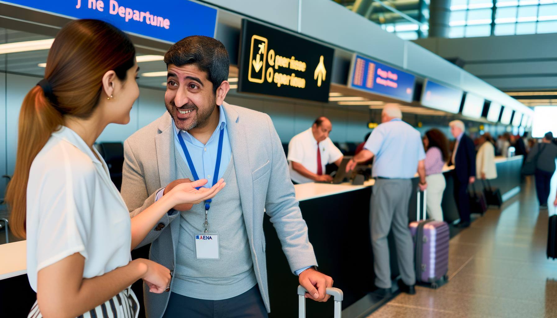 A scene in an airport showing a customer talking directly with an AENA representative at the information desk. The customer, a Middle-Eastern man in his 40s, wearing casual business attire, appears to be asking for directions about his flight. The AENA representative, a Hispanic woman in her early 30s, with a warm smile, is giving instructions as she points towards the departure area on the airport map. The background should be bustling with travelers of various ages, ethnicities, and genders, lugging their suitcases and duty-free shopping bags.