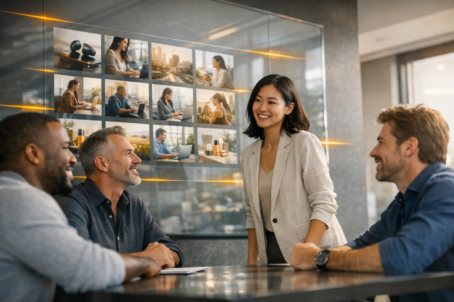 Here’s a polished photorealistic team collaboration scene with a transparent wall display showing AI-generated campaign image variations, accented in