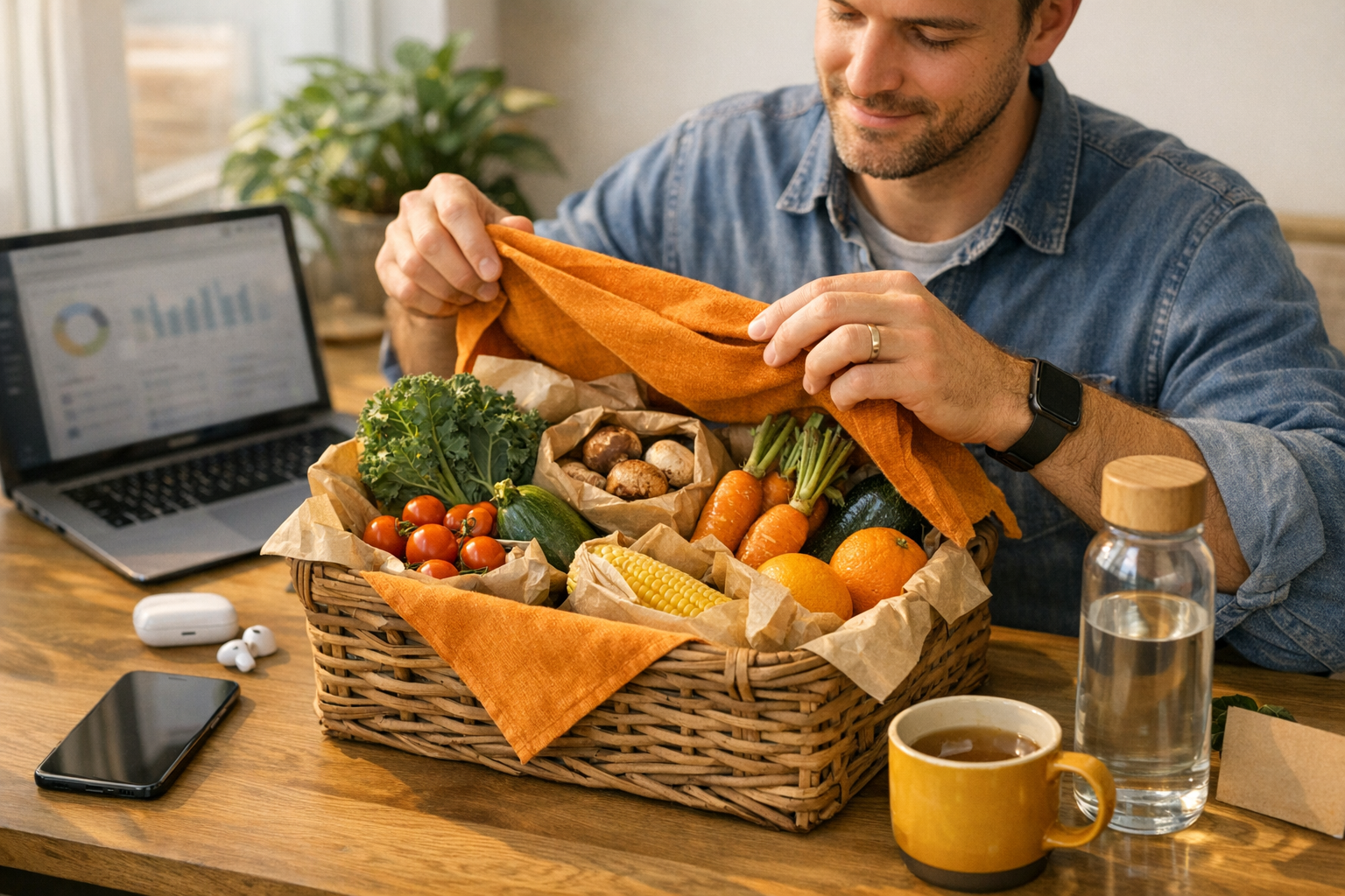 Photorealistic editorial lifestyle scene: a tech professional in a modern, sunlit workspace opens a reusable farm basket filled with seasonal fruits a