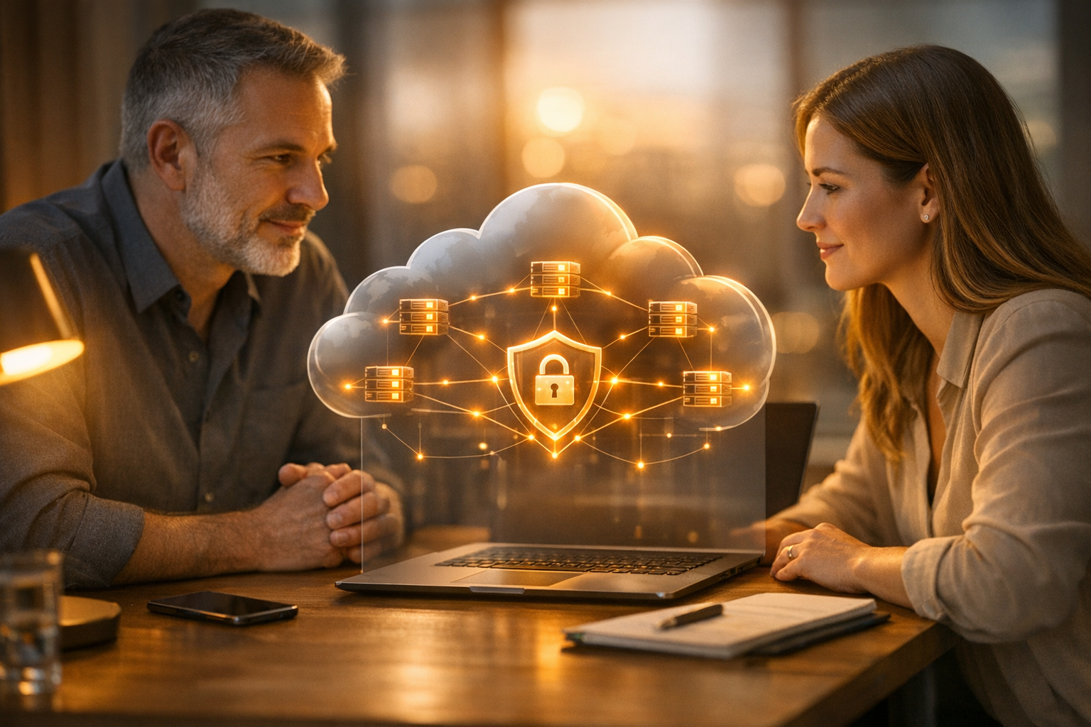 Photorealistic, human-centered tech scene: a warm, modern workspace at golden hour. Two professionals (a CTO and a mobile marketing manager) collabora