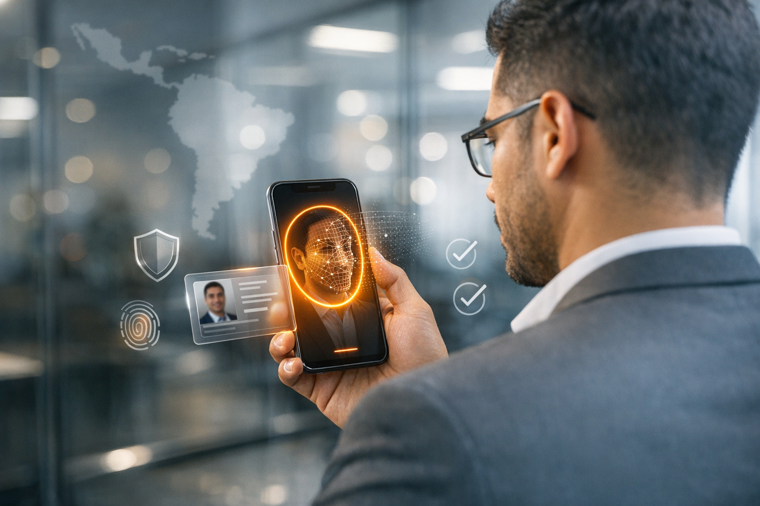 Photorealistic, modern fintech scene showing a Latin American professional in a sleek, glass-walled office completing secure digital bank onboarding o