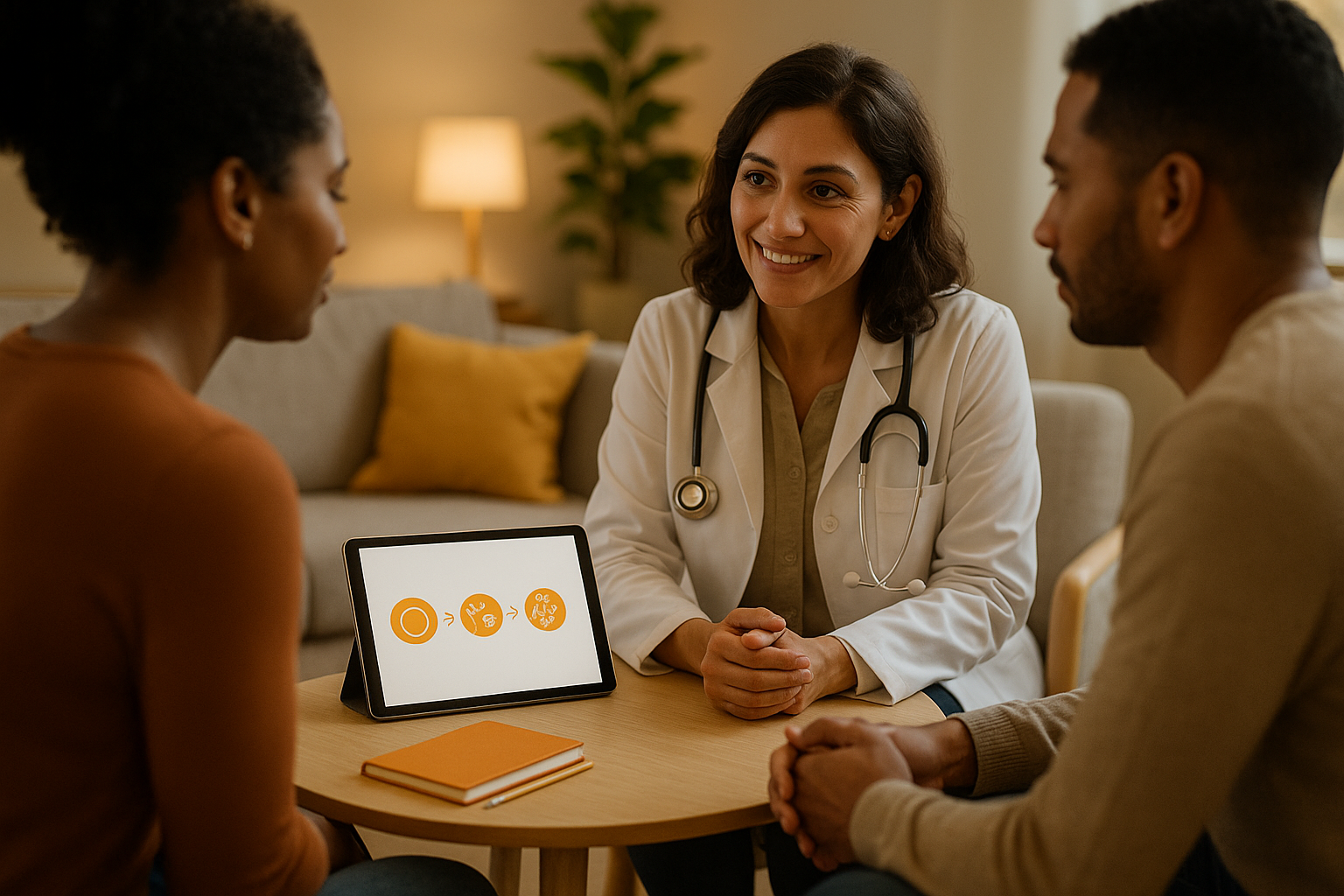 Photorealistic, warm scene of a compassionate fertility specialist meeting with a diverse couple in a modern, welcoming consultation lounge. Over-the-