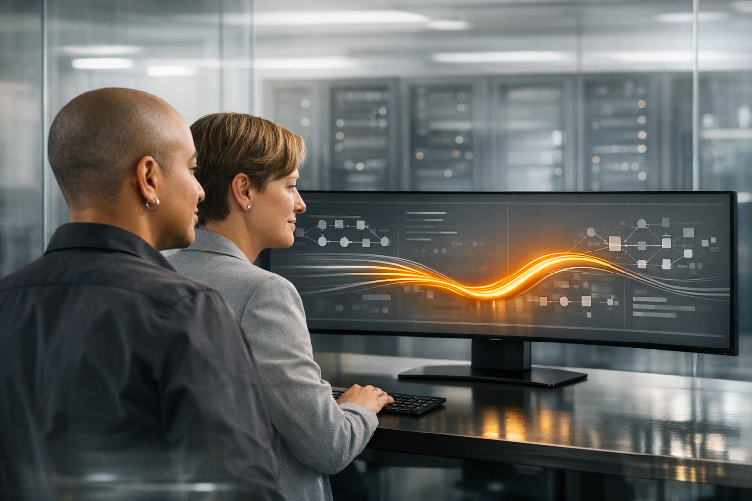 Here’s a polished photorealistic corporate image of two tech professionals collaborating in a modern network operations space, with a unified ultrawid