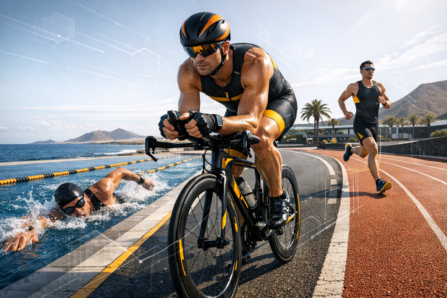 Photorealistic, editorial scene of three triathletes training at a modern Canary Islands coastal resort: a cyclist in the foreground on a smooth coast