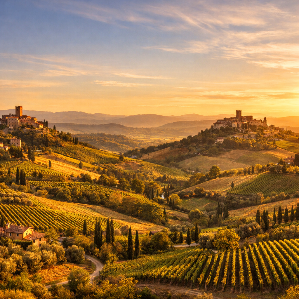 Tuscan Hills Vineyards with Cypress and Stone Villages