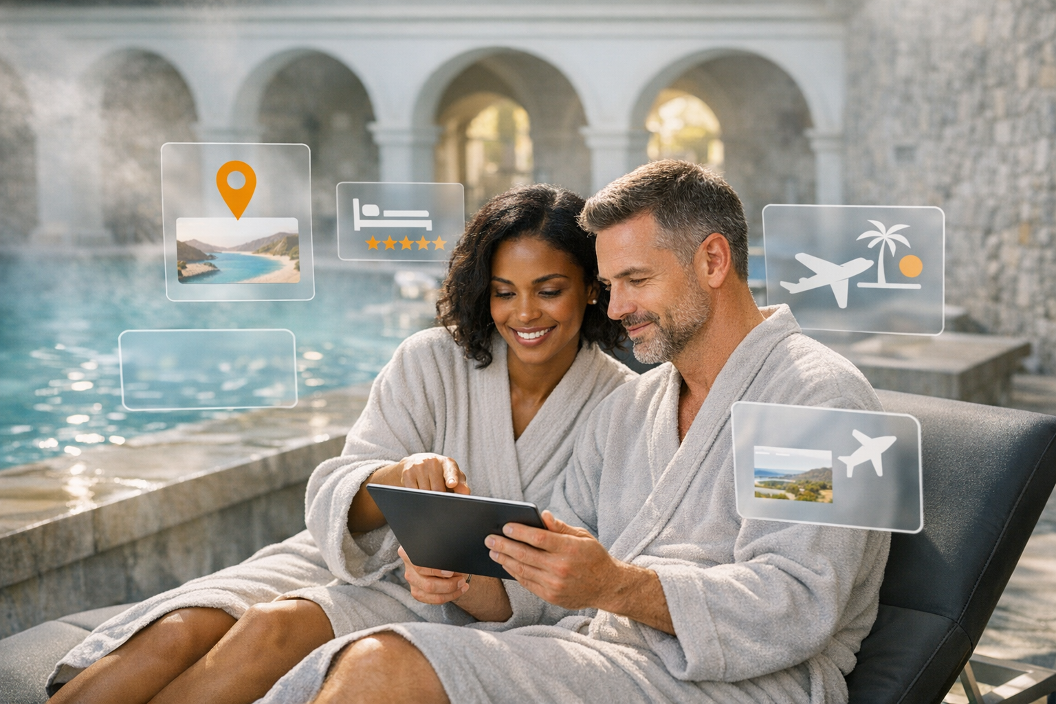 Photorealistic, editorial image set in the Balneario de Archena: two diverse professionals in neutral spa robes sit side-by-side in a modern thermal l